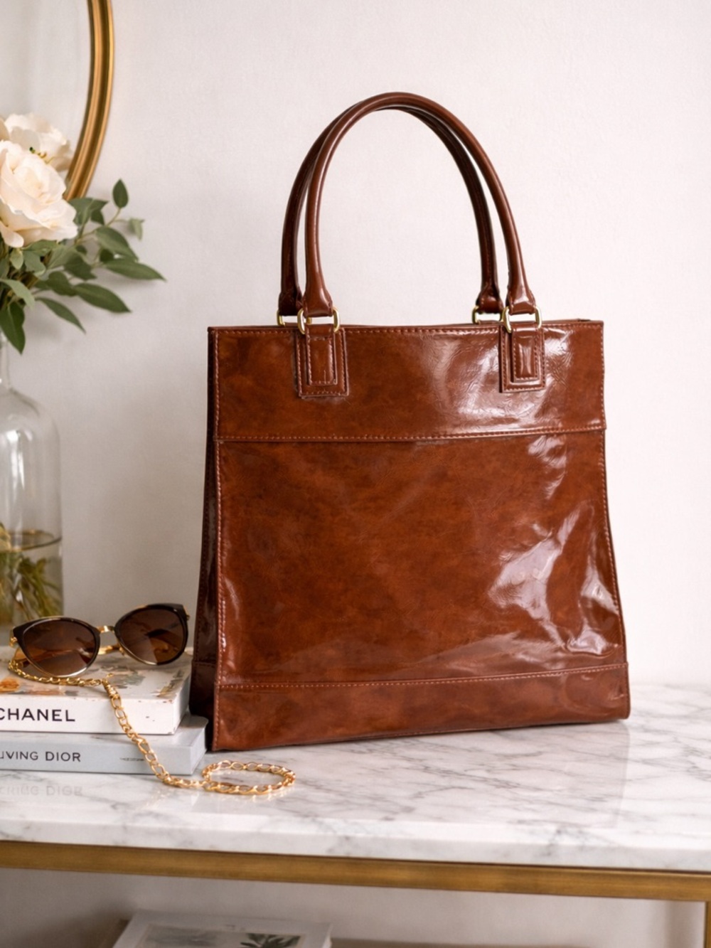 Brown Patent Leather Tote Bag Structured Shoulder Purse Glossy Work Bag